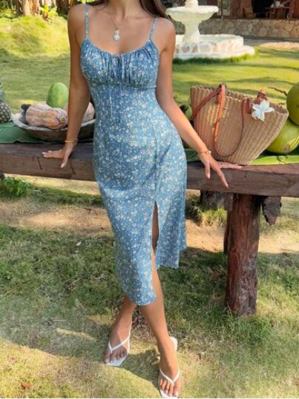 SHEIN Blue Floral Spaghetti-Strap Midi Dress with Side Slit